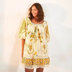 Farm Rio Mini Cashew Dress w Puff Sleeves VGUC sz S (note)